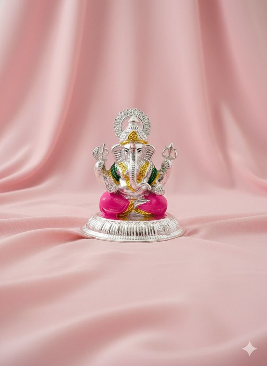Divine Beginnings  Silver Pink Enamel Lakshmi  Ganesha Idol